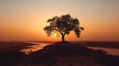 Lone Tree Sunset Landscape AI Image