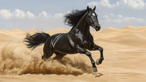 Black Horse Charging Through Desert Sands
