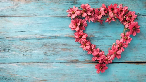 Pink Flowers Heart on Rustic Wood