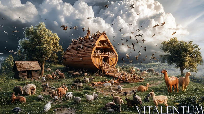 Animals Congregating Around an Ark in a Lush Landscape AI Image