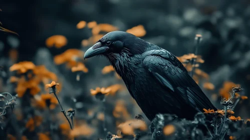 Dark Bird and Yellow Flowers Image