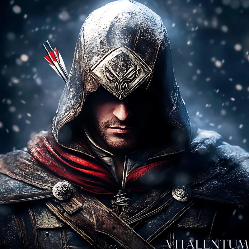 Hooded Warrior in Winter Snowfall AI Image