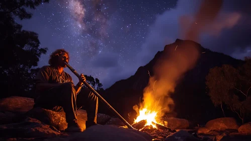 Man Plays Didgeridoo at Night Campfire