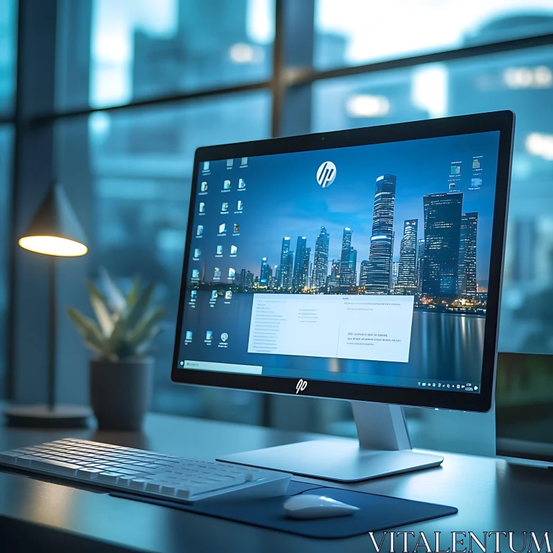 Contemporary Office Computer with City Skyline Display AI Image