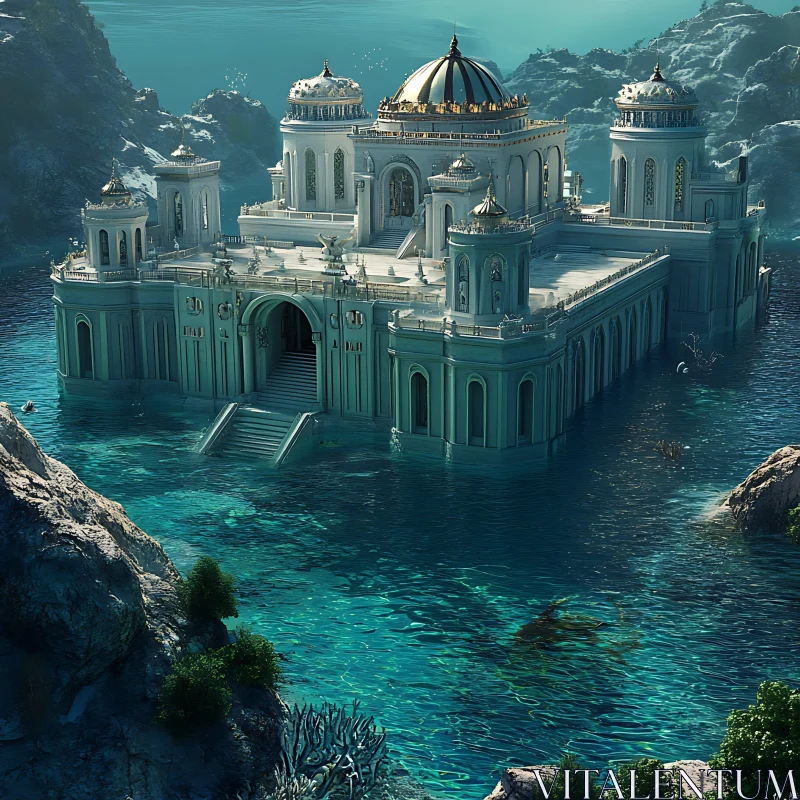 Fantasy Castle Immersed in Turquoise Waters AI Image