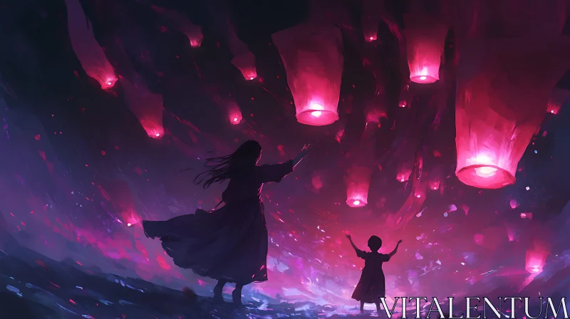 AI ART Floating Lanterns: A Family's Night Dream