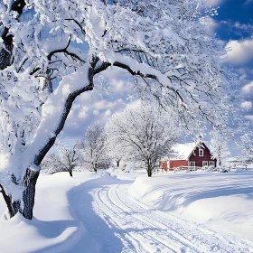 Serene Snow-Covered Landscape with Red House