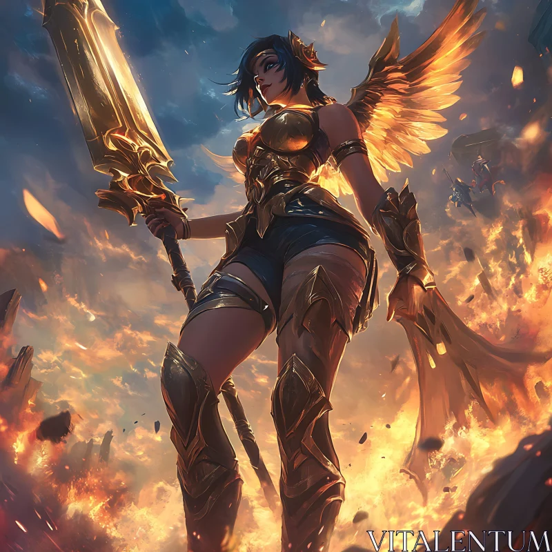 Angelic Warrior in a Blazing Landscape AI Image