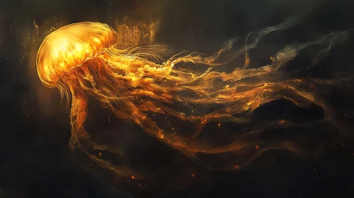 Mystical Golden Jellyfish Illuminating Dark Waters
