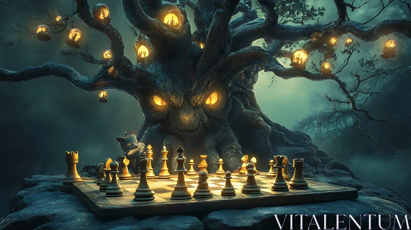 AI ART Mystical Chess Match with Glowing Tree