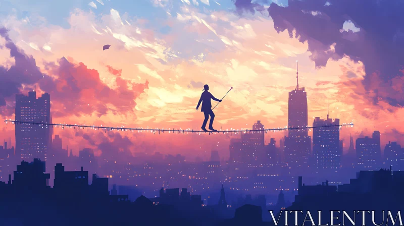 AI ART Man on Tightrope: Sunset City Silhouette