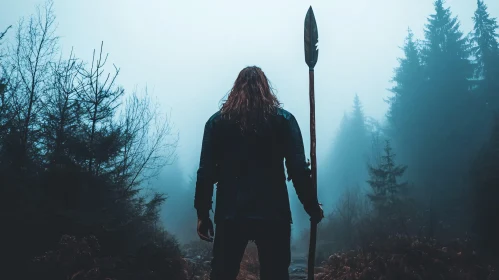 Lone Warrior in Foggy Forest