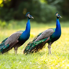 Pair of Peacocks in Grassy Field