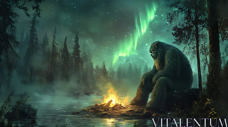 Sasquatch Contemplation by Firelight AI Image