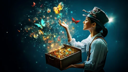 Woman Releasing Butterflies from Box