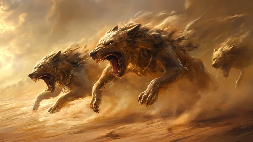 Angry Wolves Pack in the Desert