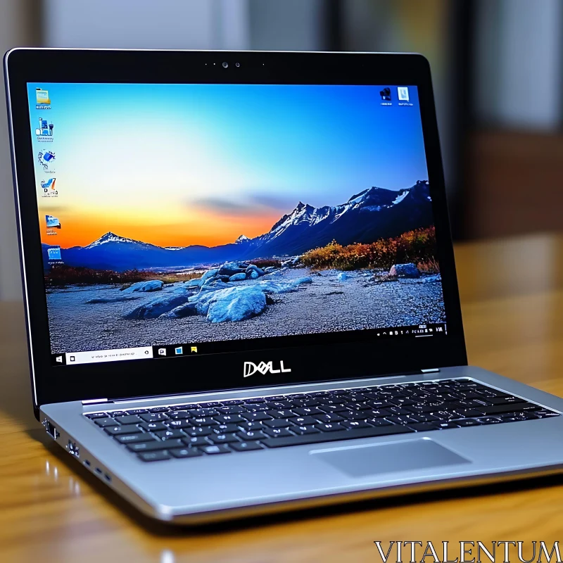 Modern Dell Laptop on a Wooden Desk AI Image