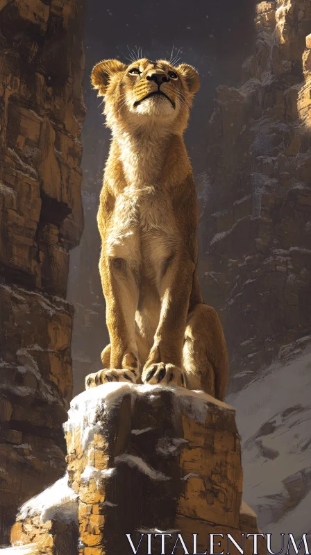 AI ART Regal Lioness on Snow-Capped Rock