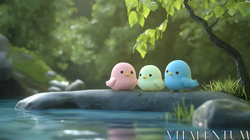 Pastel Birds on a Rock AI Image