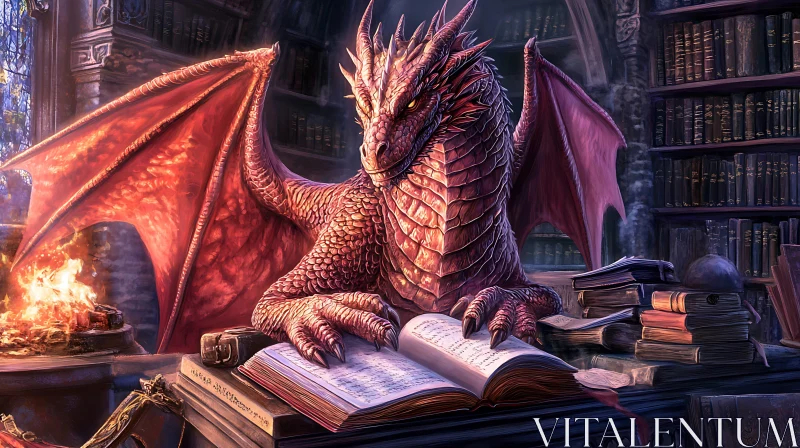 Red Dragon in Library Illustration AI Image