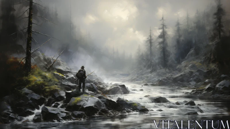 AI ART Captivating Painting of a Man Walking Through a River - Nature Art