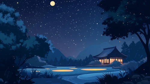 Serene Night Landscape with Traditional Building
