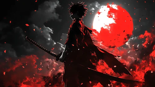 Lone Warrior Under the Red Moon