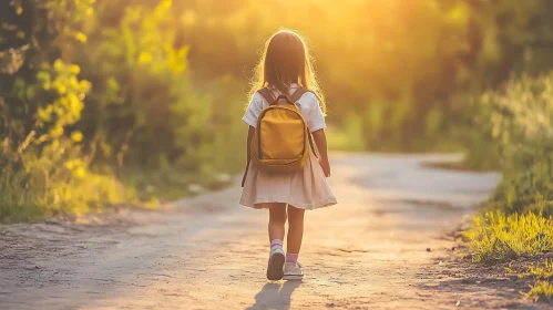 Child with Backpack on Sunny Road