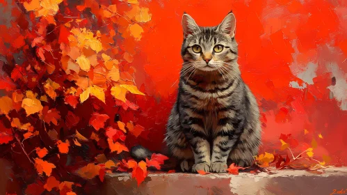 Artistic Representation of a Cat with Autumn Backdrop