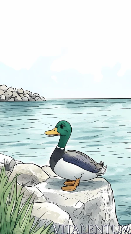 AI ART Mallard Duck on a Rock