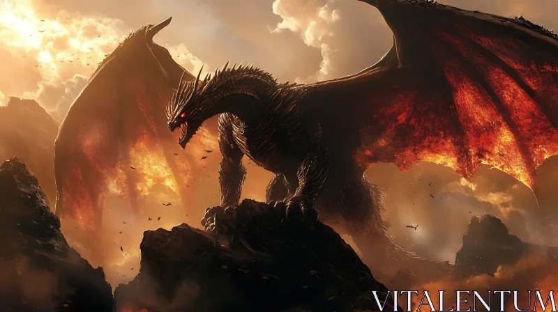 Dragon in Fiery Landscape AI Image