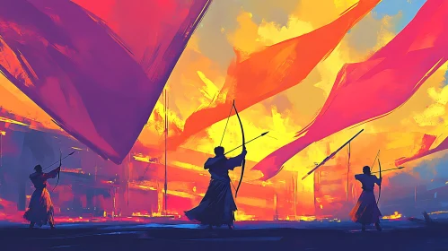 Silhouette Archers Under Colorful Sky