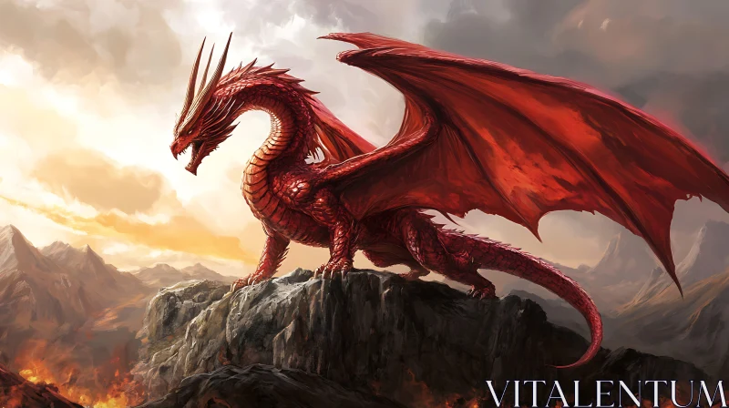 Crimson Dragon Perched High Above AI Image