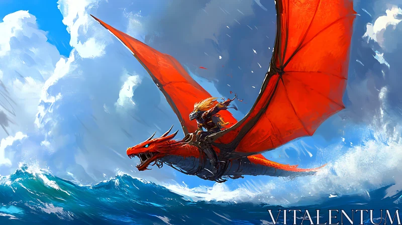 AI ART Red Dragon and Warrior Above Ocean