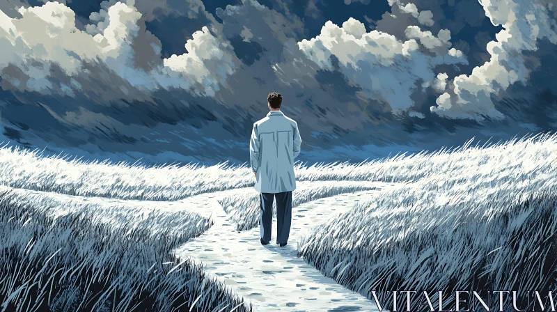 Man on Path to Cloudy Horizon AI Image