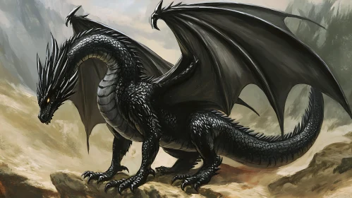 Black Dragon Perched on Rocks