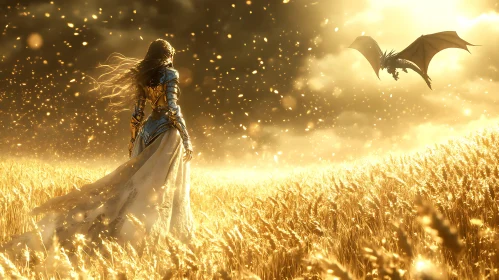 Warrior Facing Dragon in Wheat Field