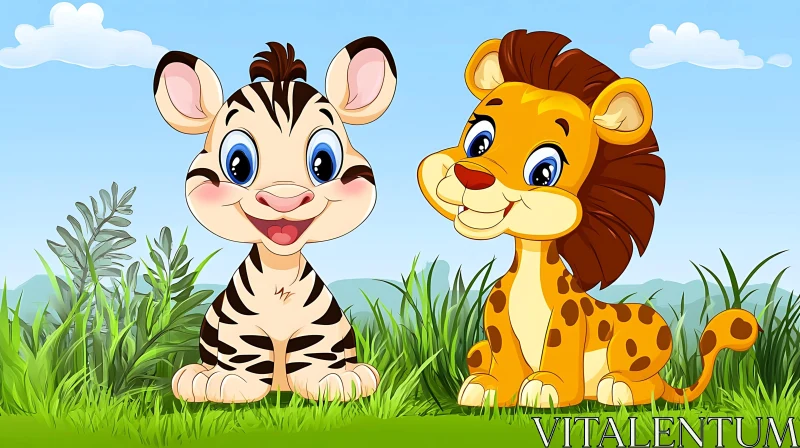 Playful Zebra and Lion Cartoon in Nature AI Image