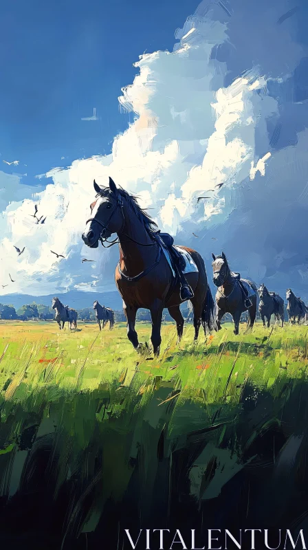 Horses in Motion Under a Cloudy Sky AI Image