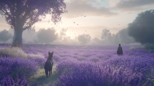 Misty Lavender Field with Dog and Figure