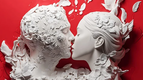 White Sculpture of Kissing Couple on Red