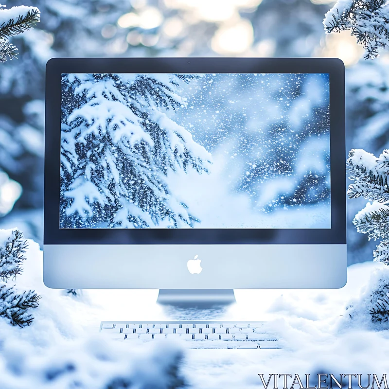 Desktop in a Snowy Forest AI Image