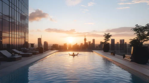 Relaxing Rooftop Pool at Sunset with City View