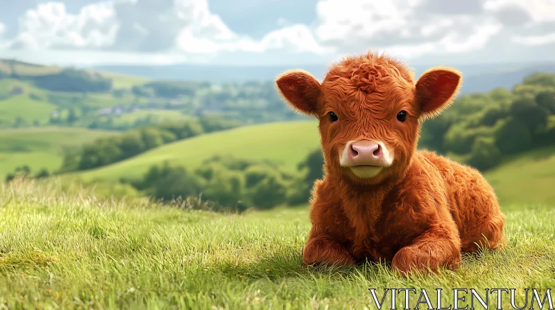 AI ART Fluffy Calf in Green Field