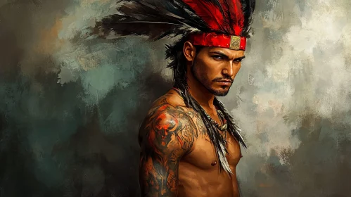 Native American Warrior with Feathers