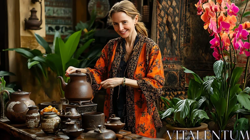 AI ART Woman in Kimono with Tea Set