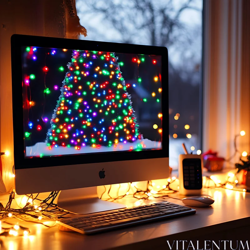 Festive Computer Screen with Christmas Tree Lights AI Image