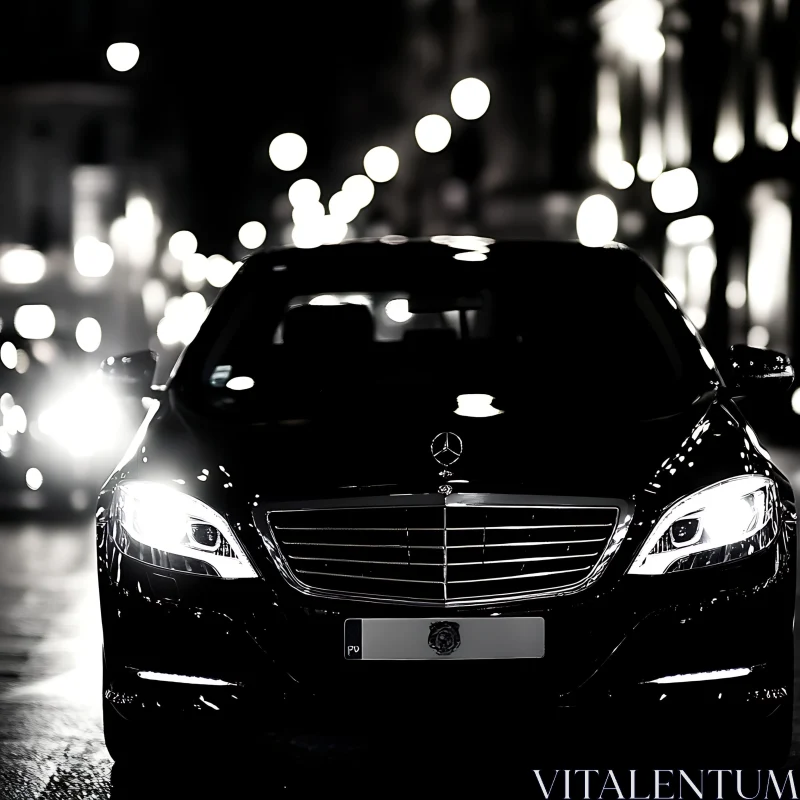 Luxury Car Illuminated by City Lights at Night AI Image