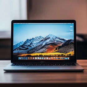 Laptop with Mountain Range Wallpaper on Desk