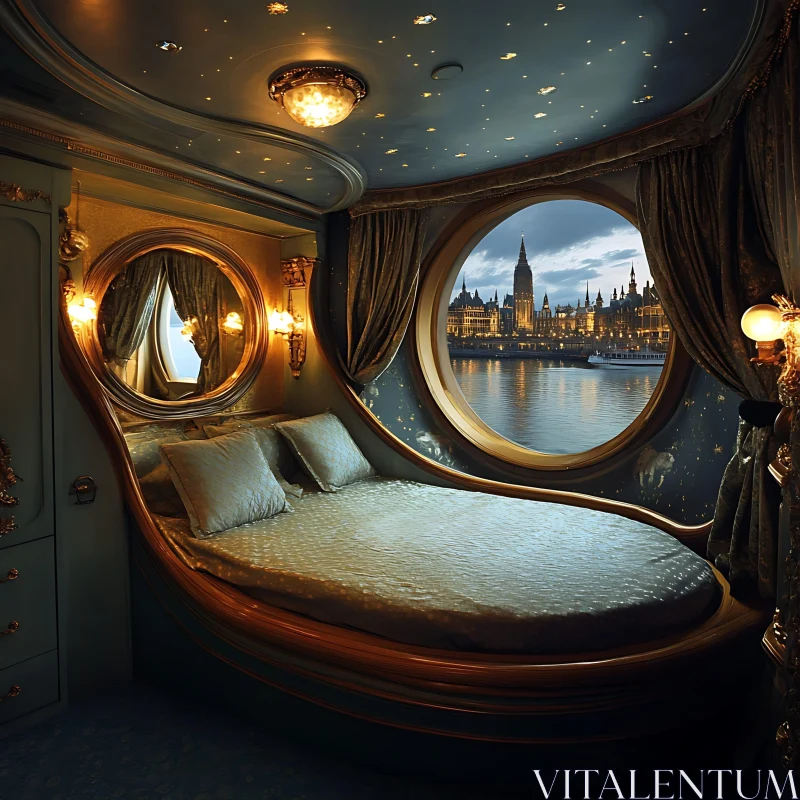 Elegant Bedroom with Round Window Overlooking City AI Image